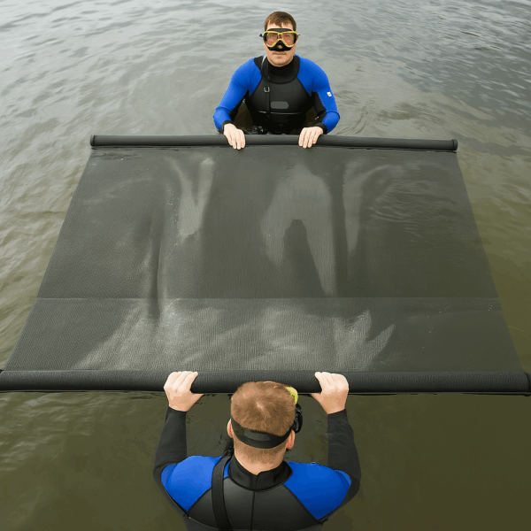 Two people in wetsuits and snorkeling gear hold a black mesh sheet in the water, preparing for a water-based activity.