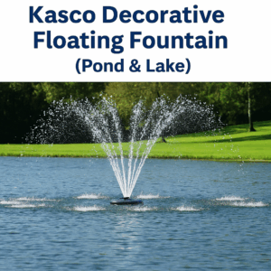 Kasco Decorative Floating Fountain in a pond sprays water elegantly, surrounded by vibrant green grass and trees under a clear blue sky.