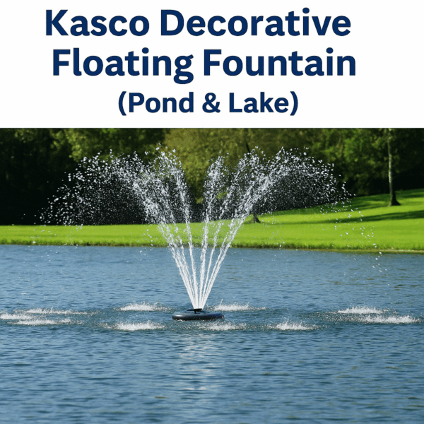 Kasco Decorative Floating Fountain in a pond sprays water elegantly, surrounded by vibrant green grass and trees under a clear blue sky.