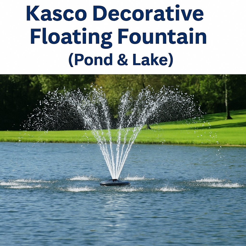 Kasco Decorative Floating Fountain in a pond sprays water elegantly, surrounded by vibrant green grass and trees under a clear blue sky.