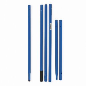 The image shows six blue, metal poles of varying lengths arranged vertically on a white background, with one having a black tip.