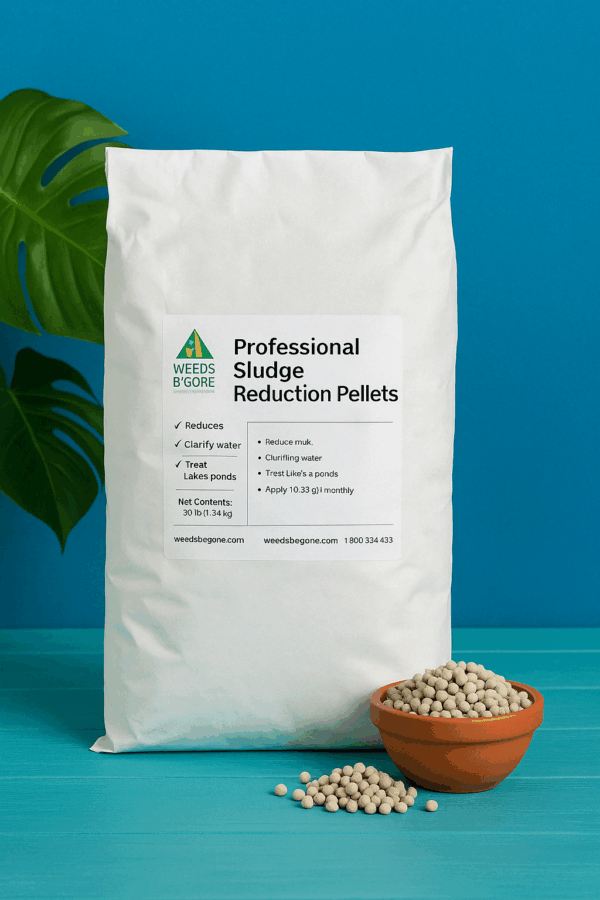 A white bag labeled "Professional Sludge Reduction Pellets" is placed beside a terracotta bowl filled with pellets on a blue surface.