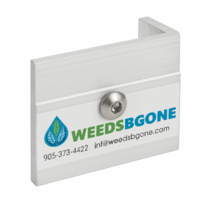 Metal bracket displaying "WEEDSBGONE" with contact details. Company's logo features a drop with leaf imagery. Email and phone number provided.