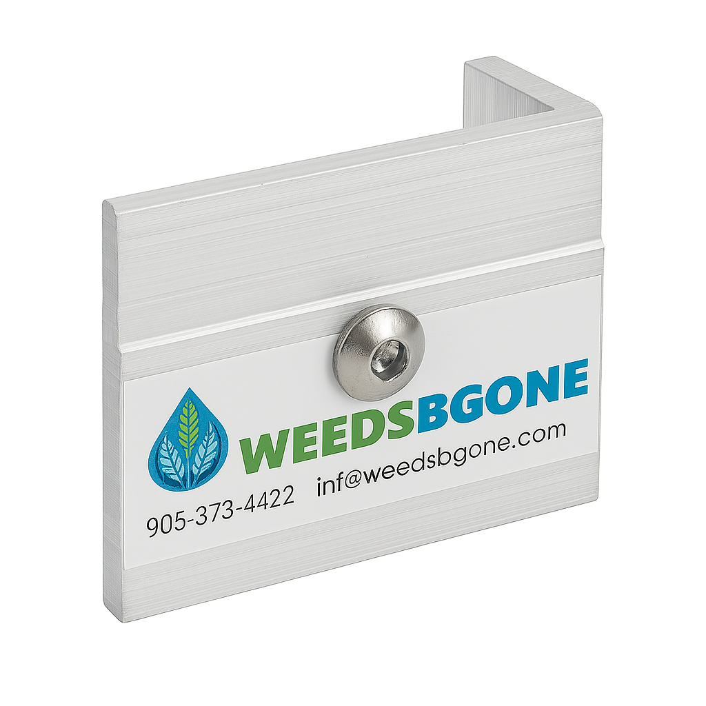 Metal bracket displaying "WEEDSBGONE" with contact details. Company's logo features a drop with leaf imagery. Email and phone number provided.