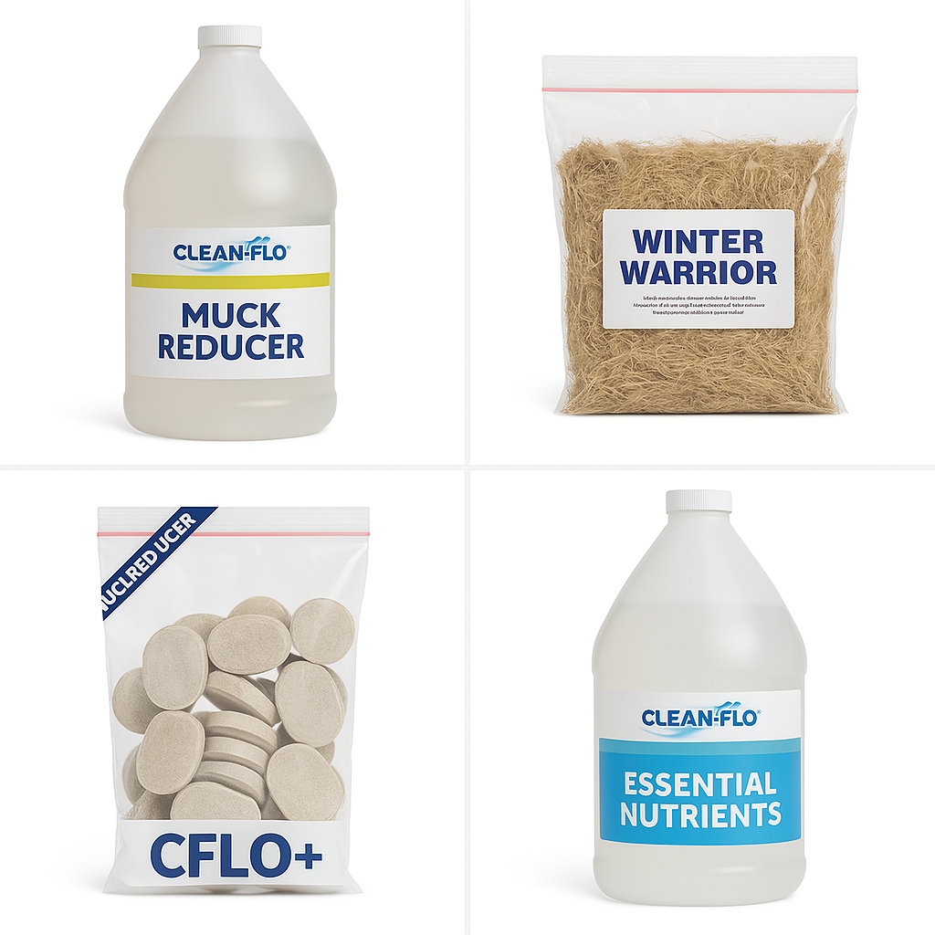 Four product packages: Muck Reducer, CFLO+ tablets, Winter Warrior blend, Essential Nutrients. Each with distinct labeling, arranged in a grid format.