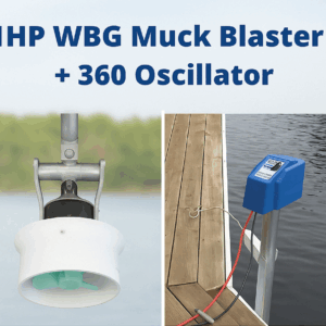 Muck Blaster with 360 Oscillator shown on dock. Includes aquatic equipment and blue control box. Lakeside setting with blurred trees in background.