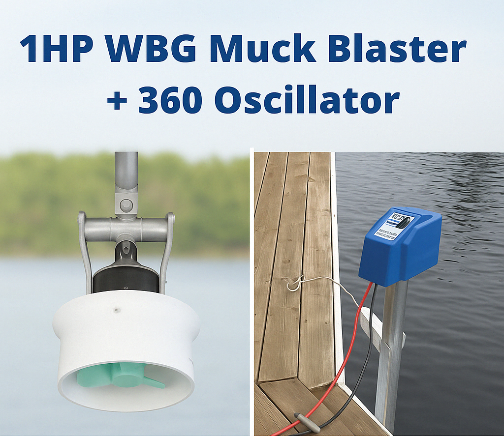 Muck Blaster with 360 Oscillator shown on dock. Includes aquatic equipment and blue control box. Lakeside setting with blurred trees in background.