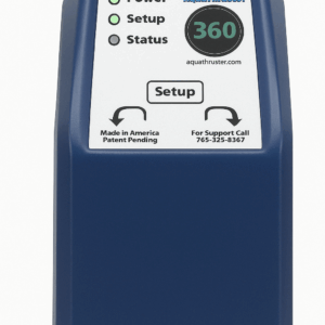 Close-up of blue AquaThruster control panel featuring power, setup, and status indicators. Includes support number and "Made in America" text.