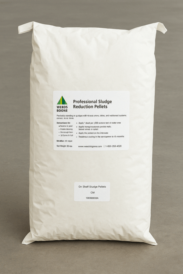 A large white bag labeled "Professional Sludge Reduction Pellets" with instructions and contact information printed on the front, placed on a plain surface.
