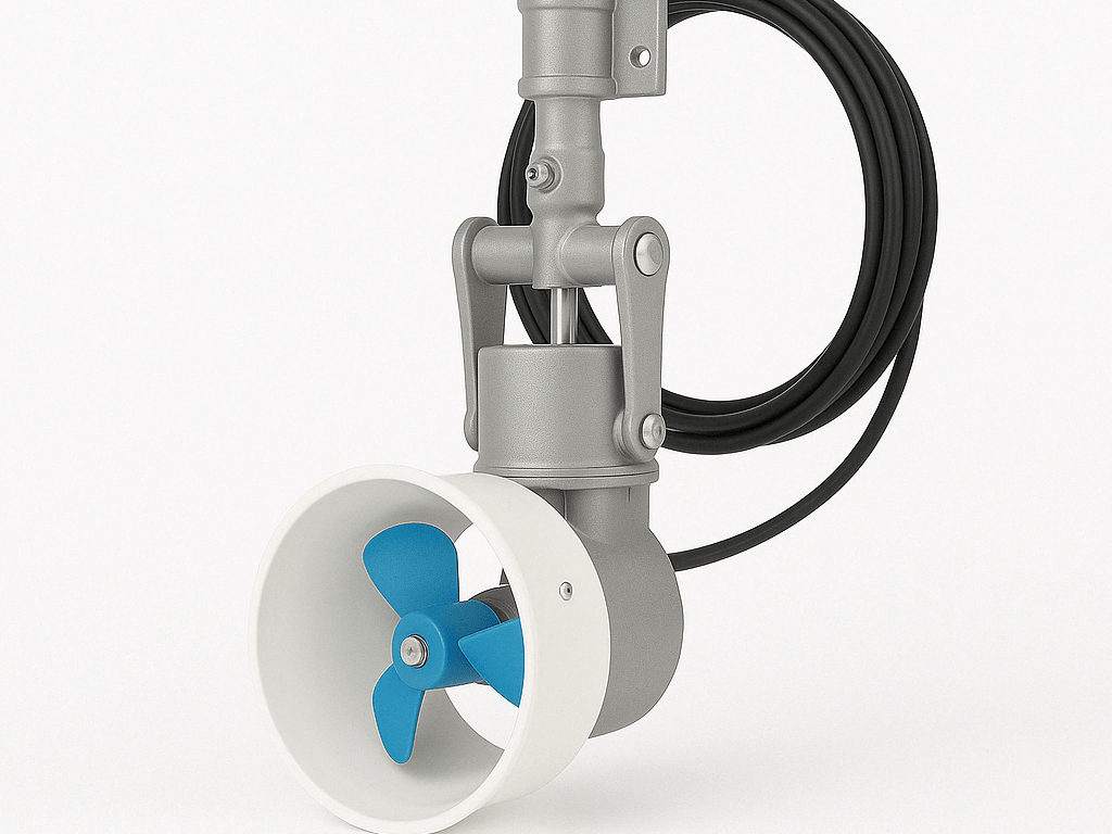 A gray industrial-looking device with a blue propeller is attached to black cables, set against a white background.