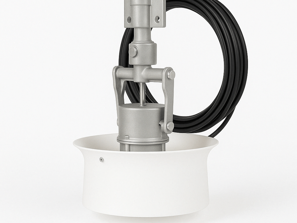A close-up of industrial metal equipment with cables and a white curved base, set against a plain background.