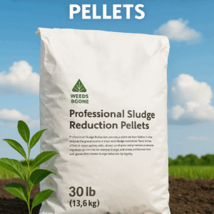 A large bag labeled "Professional Sludge Reduction Pellets" sits on soil, with a small plant nearby, under a clear blue sky.