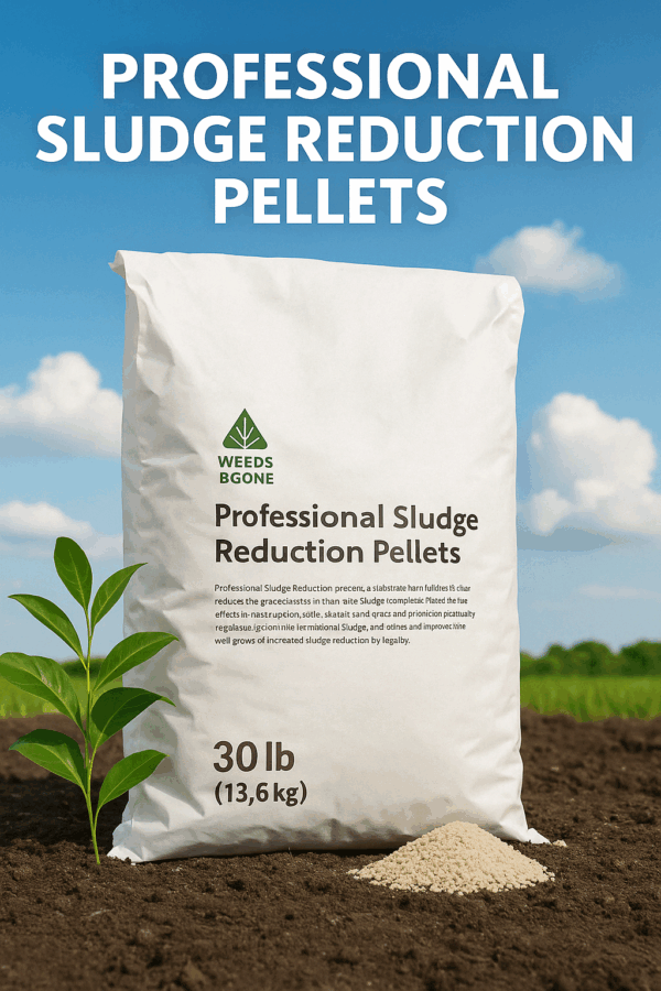 A large bag labeled "Professional Sludge Reduction Pellets" sits on soil, with a small plant nearby, under a clear blue sky.