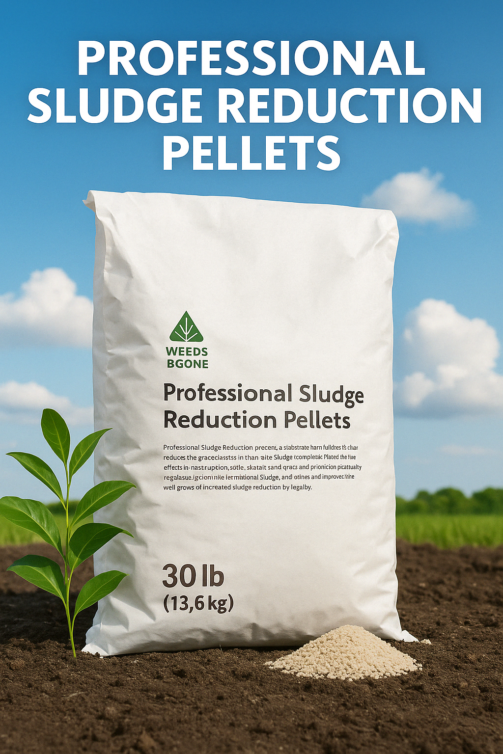 A large bag labeled "Professional Sludge Reduction Pellets" sits on soil, with a small plant nearby, under a clear blue sky.