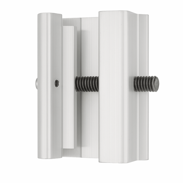 Close-up of a metallic bracket with a threaded screw, designed for fixing or mounting purposes. The background is plain white.