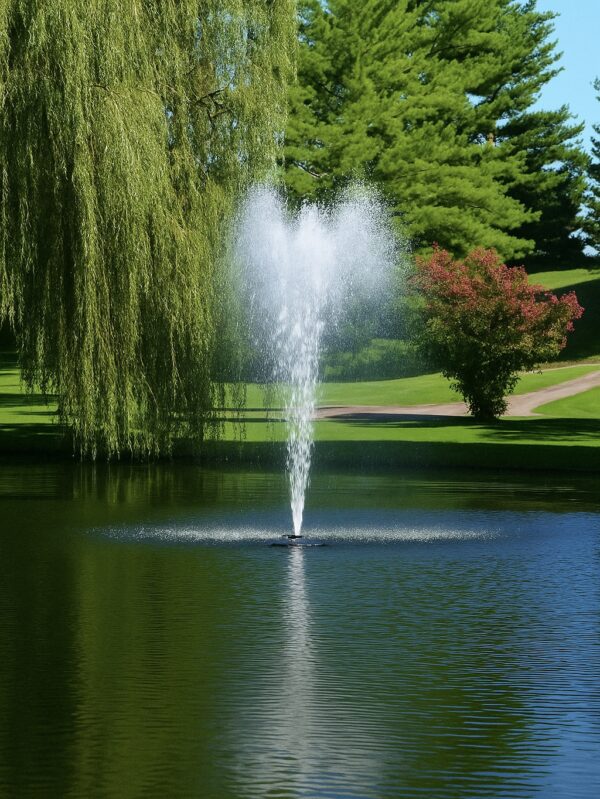 A serene pond with a central fountain, surrounded by lush green trees and a weeping willow. Bright, peaceful late summer atmosphere.