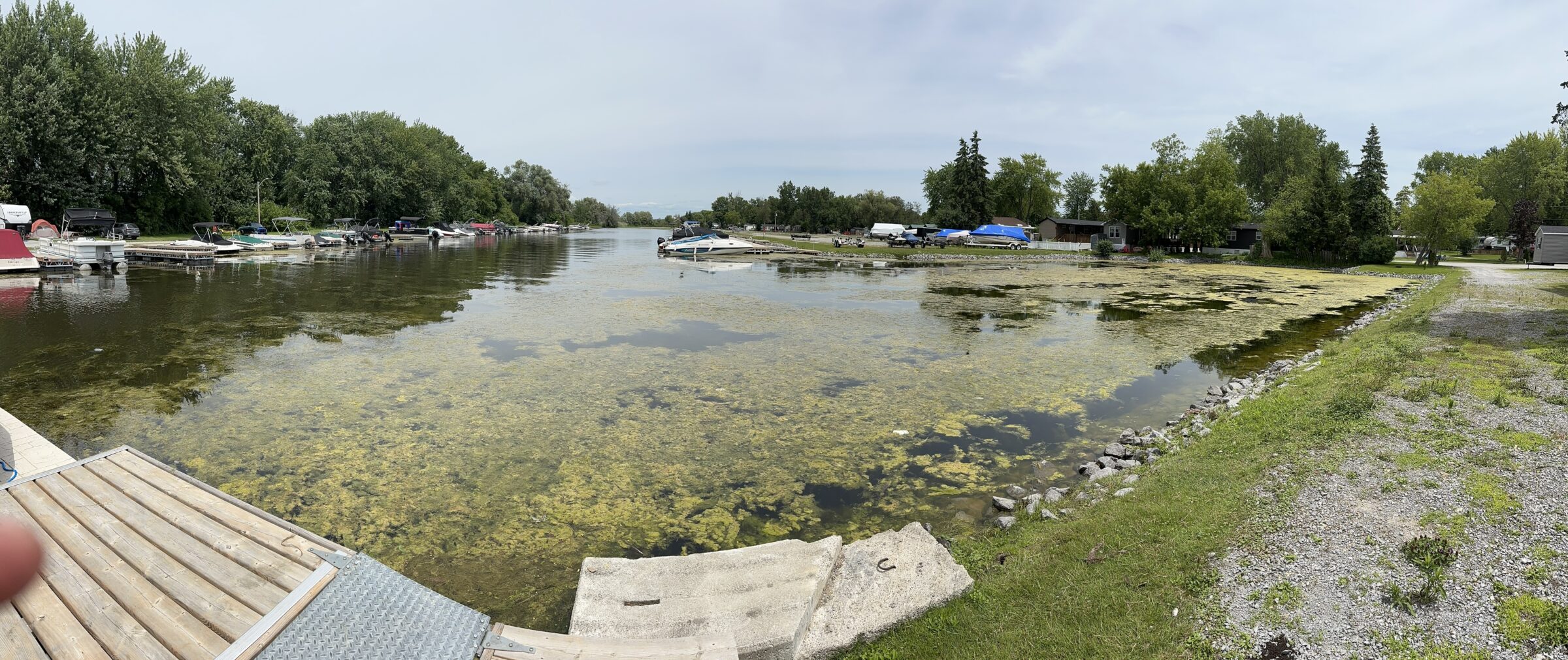 A calm lake with boats docked alongside tree-lined banks and a gravel pathway, capturing a peaceful, natural setting.