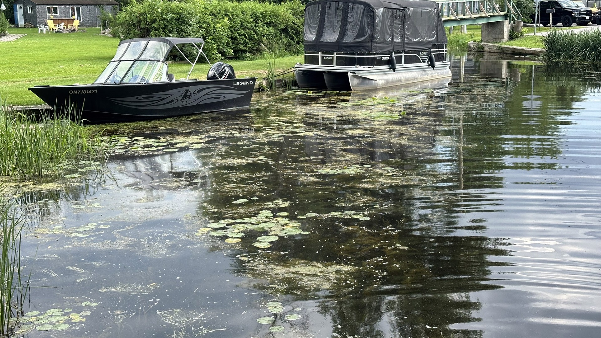 Two boats docked in a calm, lily-covered canal, beside a grassy area with a small building and bridge in the background.