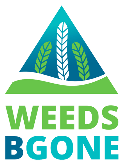 The image shows a logo with a blue and green color scheme, featuring wheat stalks and the text "WEEDS BGONE" below.