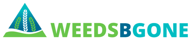 Logo displaying a green and blue stylized mountain with leaves, alongside the text "WEEDSBGONE," suggesting a focus on weed removal or landscaping services.