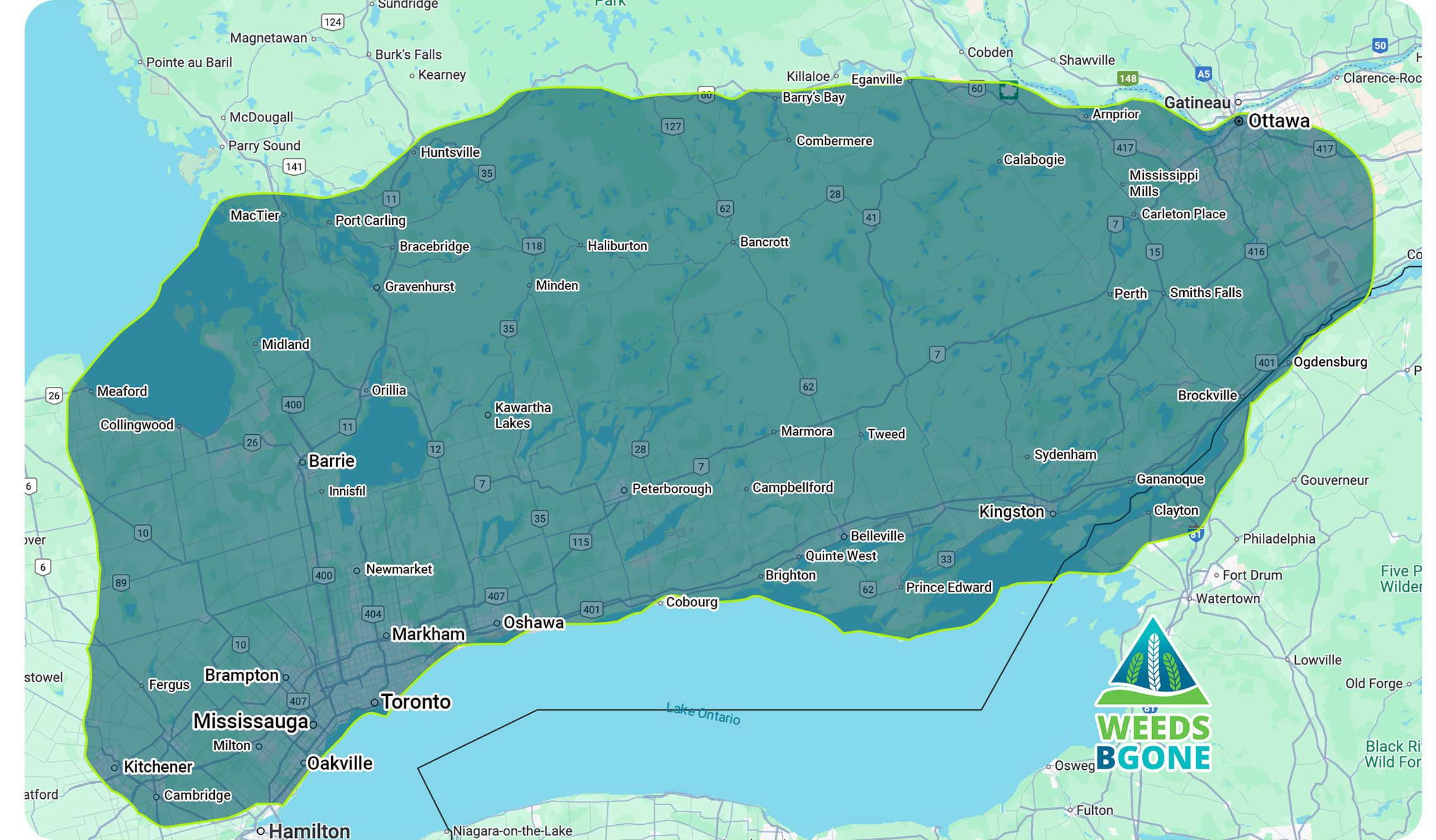 Map highlighting Ontario region, including Toronto, Ottawa, Mississauga, and Kingston, with notable city names. Emphasis on area covered by Weeds BGone.