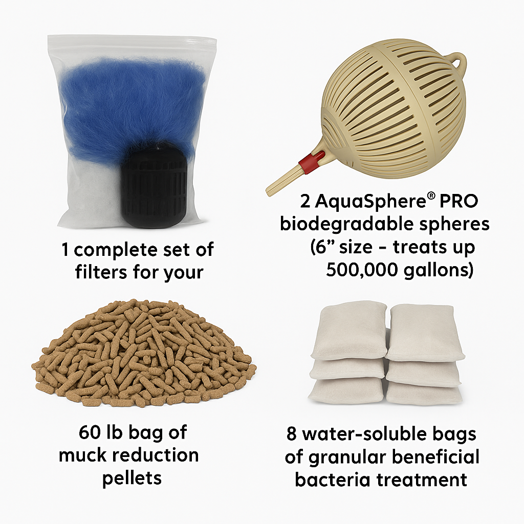 Pond care kit includes filter set, two biodegradable spheres, 60-pound muck reduction pellets, and eight water-soluble bacteria treatment bags for improved pond health.