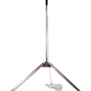 A tall, folding something tripod stand with three legs and a rope, isolated on a white background.