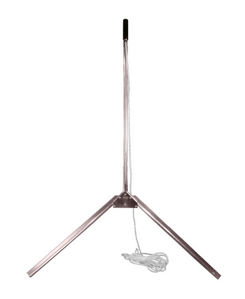 A tall, folding something tripod stand with three legs and a rope, isolated on a white background.