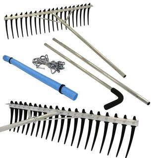 This image shows a set of metal lake rakes with black teeth, blue float, poles, chain, and a hooking tool for aquatic management.