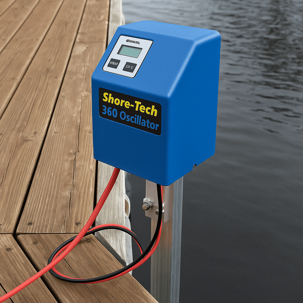 Blue Shore-Tech 360 Oscillator mounted on a wooden dock by the water. Red and black cables extend from the device.