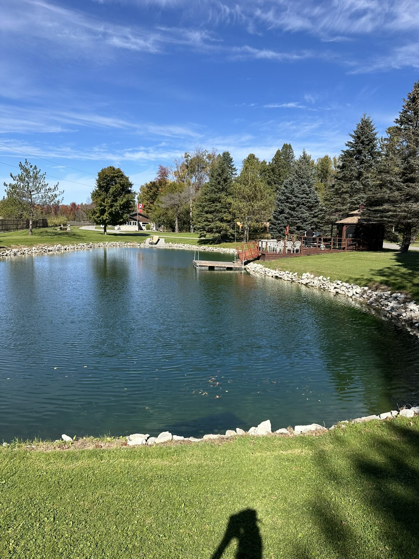 A serene pond surrounded by lush greenery, with a wooden deck and chairs. A person’s shadow is visible in the foreground.