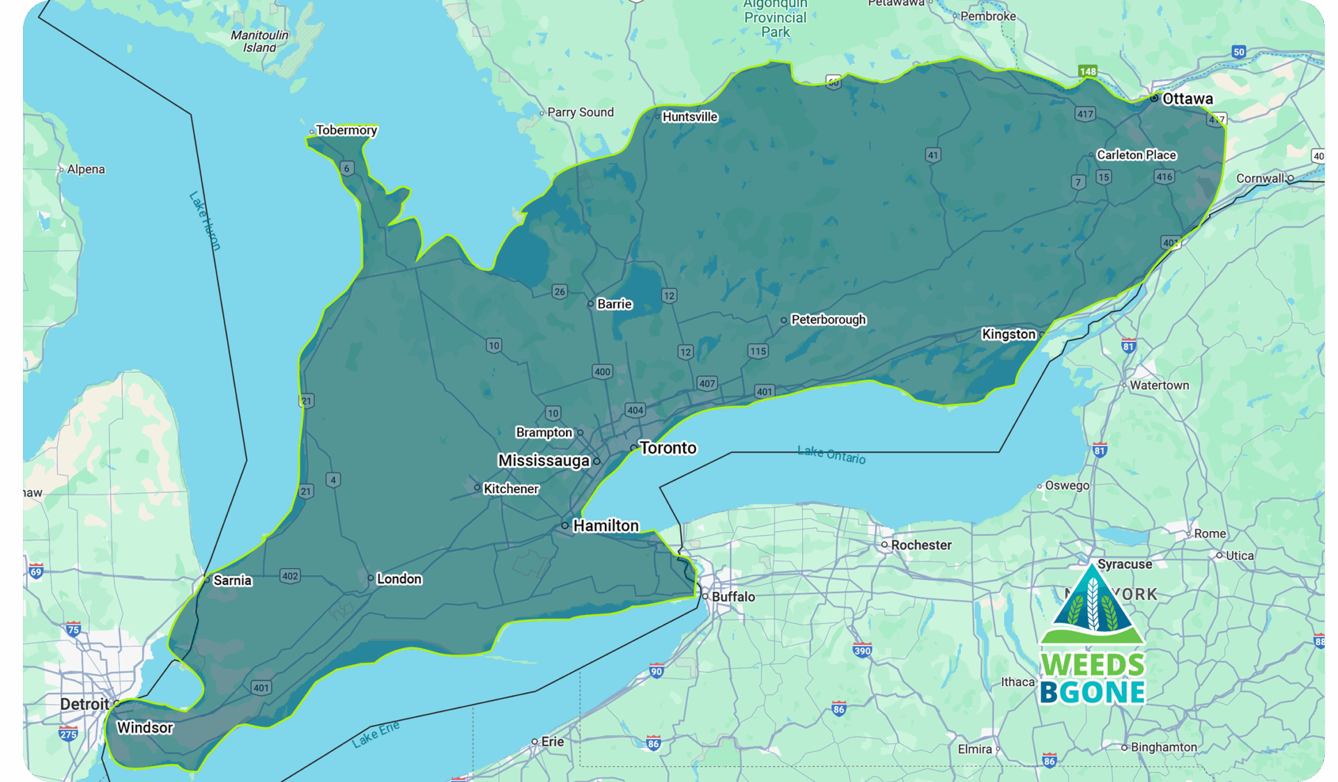 A map displaying Weeds BGone's service area, covering southern Ontario cities like Toronto, Mississauga, and Ottawa, near Lake Ontario and Lake Erie.
