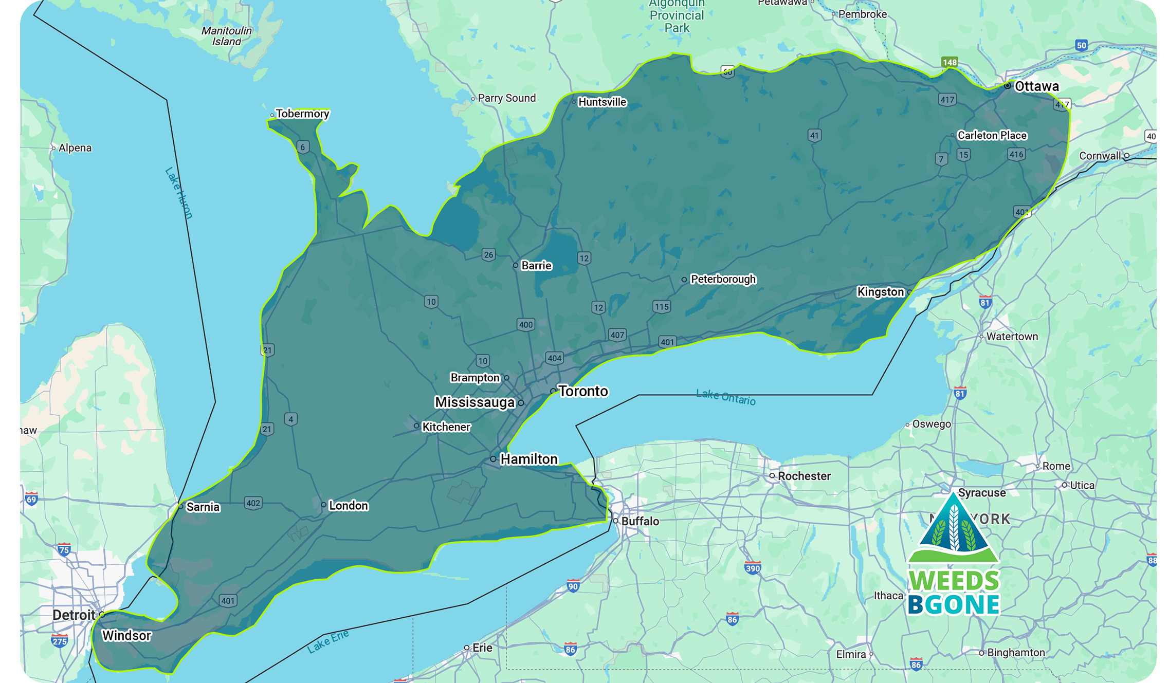 A map displaying Weeds BGone's service area, covering southern Ontario cities like Toronto, Mississauga, and Ottawa, near Lake Ontario and Lake Erie.