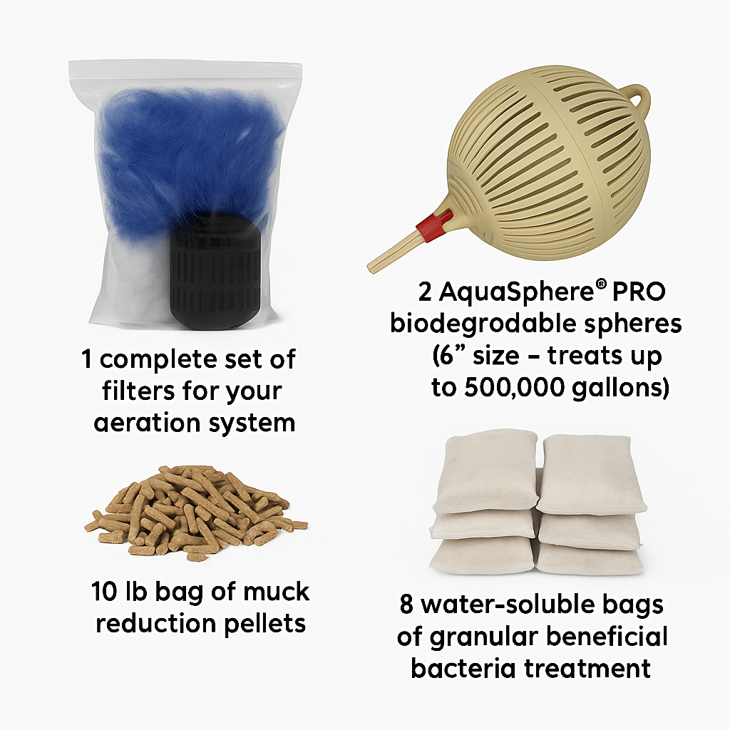 Pond treatment supplies include filters, biodegradable spheres, muck reduction pellets, and bacteria treatment bags, each with specific uses and capacities described.